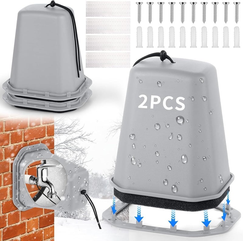 Bornerwhite 2 Pcs 2 in 1 Extra Long Pet Proof Outdoor Faucet Covers Winter w/Lock 8.5x7x5.5 in Thick Foam Plastic Spigot Cover Reflective Strips Faucet Cover for Outside Water Faucet Freeze Protection (Gray) - Image 1